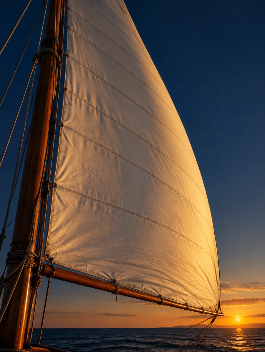 A white canvas sail full of wind above the Aegean Sea at dusk